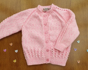 18-24 Months Pink Sparkle Hand Knitted Baby Cardigan, Soft pink with twinkle and bright speckles handknitted girls cardigan