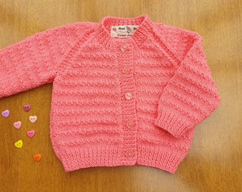 3-6 Months Candy/Salmon Pink Hand Knitted Baby Cardigan, Pink Handknitted baby cardigan, baby winter clothes