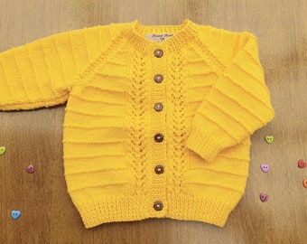 18-24 Months Sunshine Yellow Hand Knitted Baby Cardigan, Bright Yellow Handknitted baby cardigan