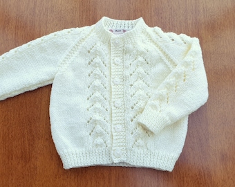 6-12 Months Ivory Hand Knitted Baby Cardigan, ivory baby cardigan