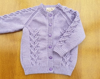 12-18 Months Lilac Hand Knitted Baby Cardigan, Purple with Lace Pattern Warm Handknitted Cardigan