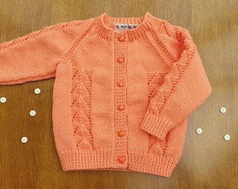 18-24 Months Peach Melba Hand Knitted Baby Cardigan, Bright Peach Handknitted baby cardigan