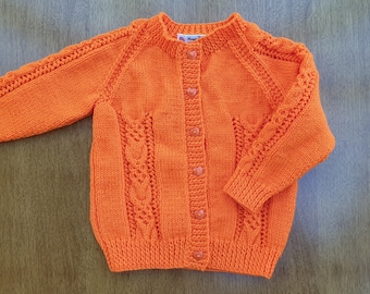 12-18 Months Orange Hand Knitted Baby Cardigan, Bright Orange Handknitted baby cardigan