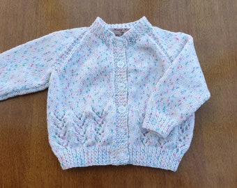 6-12 Months White with Coloured Flecks Hand Knitted Baby Cardigan, Sprinkles handknitted baby cardigan, baby winter clothes