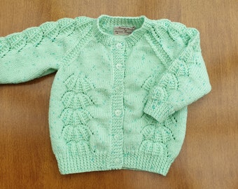 2-3 Years Mint Green Sparkle Hand Knitted Baby Cardigan, Soft pale green handknitted sparkly girls cardigan with umbrella pattern