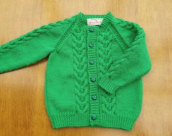 18-24 Months Green Hand Knitted Baby Cardigan, Emerald Green baby boy's cardigan