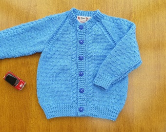 12-18 Months Bluebell Blue Hand Knitted Baby Cardigan, Blue Handknitted cardigan, baby boy winter clothes