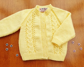 6-12 mesi giallo mano lavorato a maglia Baby Cardigan, cardigan giallo bambina, vestiti invernali caldi per bambini