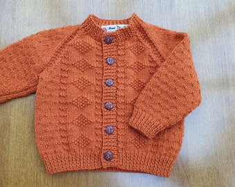 6-12 Months Burnt Orange Hand Knitted Baby Cardigan, Orange Handknitted baby cardigan