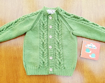 12-18 Months Fern Green Hand Knitted Baby Cardigan, warm green boys cardigan