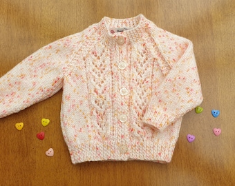 0-3 Months Peach with Flecks Hand Knitted Baby Cardigan, Peach Handknitted baby cardigan, peach baby girls cardigan, baby winter clothes