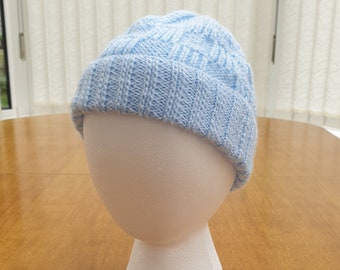 3-6 Months Baby Hat, Handknitted Blue Baby Hat with knitted pattern, baby boys hat, baby winter clothes