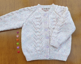 18-24 Months White Twinkle Print Hand Knitted Baby Cardigan, Soft white handknitted cardigan with multicolour flecks, baby girls cardigan