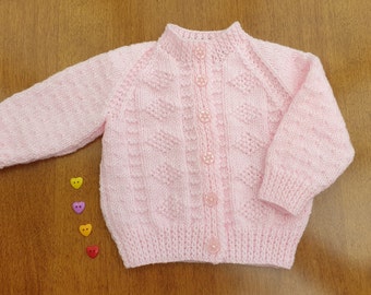 3-6 Months Pink Hand Knitted Baby Cardigan, Pink Handknitted baby cardigan, pink baby girls cardigan, baby girls pink cardigan