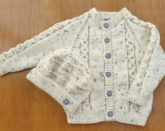 12-18 Months Cream Hand Knitted Baby Cardigan and Hat, Natural Tweed effect baby boys cardigan and hat