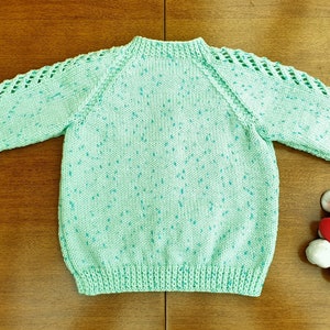18-24 Months Mint Green Sparkle Hand Knitted Baby Cardigan, pastel green with dark flecks and twinkle baby girl's cardigan, winter cardigan image 8