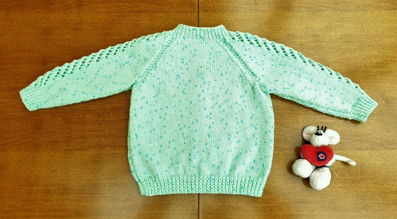 18-24 Months Mint Green Sparkle Hand Knitted Baby Cardigan, pastel green with dark flecks and twinkle baby girl's cardigan, winter cardigan image 8