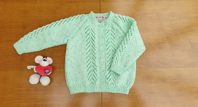 18-24 Months Mint Green Sparkle Hand Knitted Baby Cardigan, pastel green with dark flecks and twinkle baby girl's cardigan, winter cardigan image 1