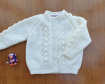 6-12 Months Ivory Hand Knitted Baby Cardigan, ivory cream baby girl cardigan