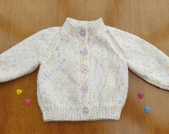 0-3 Months White Sparkle Print Hand Knitted Baby Cardigan, White sparkle new-born baby girls cardigan, baby girls twinkle cardigan