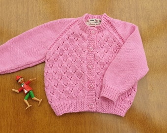 6-12 Months Candy Pink Hand Knitted Baby Cardigan, Candy Pink Handknitted baby cardigan, pink baby girls cardigan, baby winter clothes