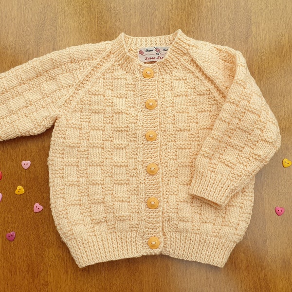 18-24 Months Biscuit Basket Weave Hand Knitted Baby Cardigan, Soft acrylic biscuit coloured handknitted cardigan, warm winter cardigan