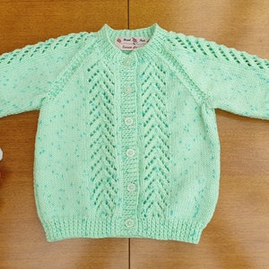 18-24 Months Mint Green Sparkle Hand Knitted Baby Cardigan, pastel green with dark flecks and twinkle baby girl's cardigan, winter cardigan image 2