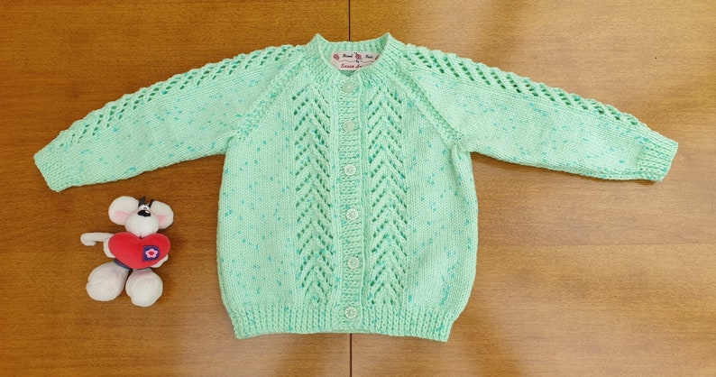 18-24 Months Mint Green Sparkle Hand Knitted Baby Cardigan, pastel green with dark flecks and twinkle baby girl's cardigan, winter cardigan image 2