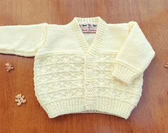 0-3 Months Cream Hand Knitted Baby Cardigan, Ivory Cream new-born baby cardigan, winter cardigan