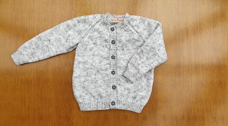 2-3 Years Storm Cloud Grey Hand Knitted Baby Cardigan, Soft light grey handknitted boys cardigan image 1