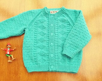 12-24 Months Jade Green Hand Knitted Baby Cardigan, Jade Handknitted cardigan, spearmint baby cardigan, baby winter clothes
