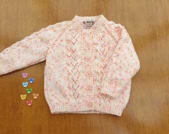 6-9 Months Peach with Flecks Hand Knitted Baby Cardigan, Peach Handknitted baby cardigan, peach baby girls cardigan, baby winter clothes