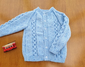 18-24 Months Blue Hand Knitted Baby Cardigan, Soft boy's handknitted cardigan in blue with dark blue flecks, warm winter boys blue cardigan