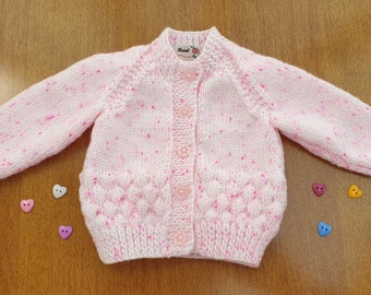 0-3 Months Pink Hand Knitted Baby Cardigan, pink bubble handknitted baby cardigan with bright pink speckles