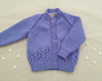 0-3 Months Hyacinth Hand Knitted Baby Cardigan, Purple new-born soft baby cardigan