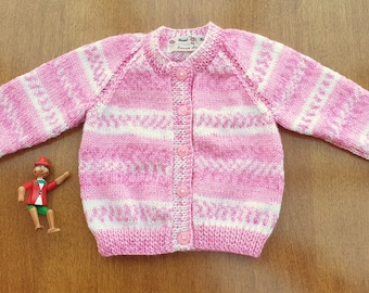 6-12 Months Pink and White Hand Knitted Baby Cardigan, pink handknitted baby girls cardigan, baby winter clothes