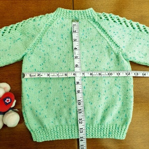 18-24 Months Mint Green Sparkle Hand Knitted Baby Cardigan, pastel green with dark flecks and twinkle baby girl's cardigan, winter cardigan image 9