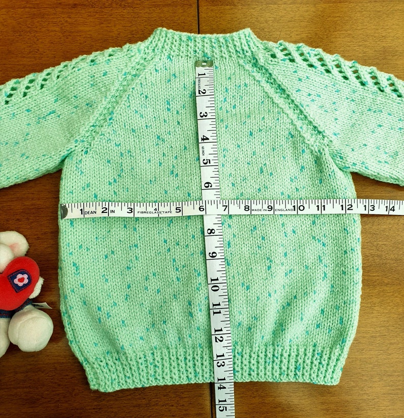 18-24 Months Mint Green Sparkle Hand Knitted Baby Cardigan, pastel green with dark flecks and twinkle baby girl's cardigan, winter cardigan image 9