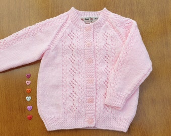 12-18 Months Pink Hand Knitted Baby Cardigan, Pink Handknitted baby cardigan, pink baby girls cardigan, baby girls pink cardigan