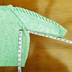 18-24 Months Mint Green Sparkle Hand Knitted Baby Cardigan, pastel green with dark flecks and twinkle baby girl's cardigan, winter cardigan image 10