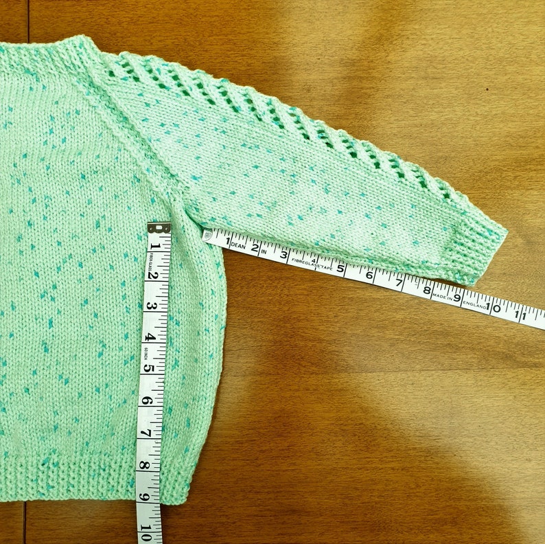 18-24 Months Mint Green Sparkle Hand Knitted Baby Cardigan, pastel green with dark flecks and twinkle baby girl's cardigan, winter cardigan image 10
