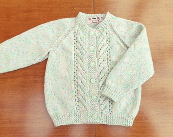 12-18 Months Green Twinkle Print Hand Knitted Baby Cardigan, Soft green cardigan with multicolour pastel flecks, baby girls cardigan