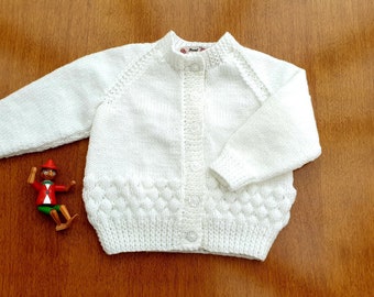 6-12 Months White Hand Knitted Baby Cardigan, white handknitted baby cardigan with bubbles