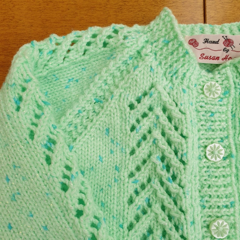 18-24 Months Mint Green Sparkle Hand Knitted Baby Cardigan, pastel green with dark flecks and twinkle baby girl's cardigan, winter cardigan image 4