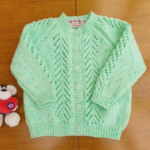 18-24 Months Mint Green Sparkle Hand Knitted Baby Cardigan, pastel green with dark flecks and twinkle baby girl's cardigan, winter cardigan image 3
