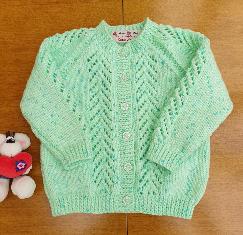 18-24 Months Mint Green Sparkle Hand Knitted Baby Cardigan, pastel green with dark flecks and twinkle baby girl's cardigan, winter cardigan image 3