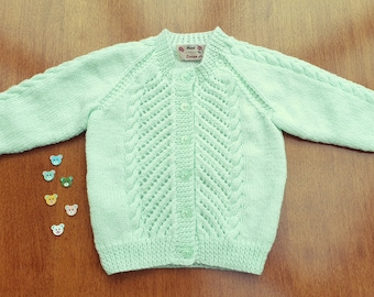 12-18 Months Mint Green Hand Knitted Baby Cardigan, soft mint handknitted baby cardigan, warm winter cardigan