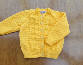 12-18 Months Sunshine Yellow Hand Knitted Baby Cardigan, yellow baby girls cardigan with diamonds