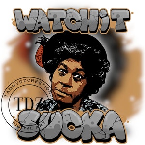 Op de afbeelding: Een digitale kunst-illustratie van een vrouw met een rode hoed op een grijze achtergrond. De tekst "WATCH IT SUCKA" is geschreven in graffiti-stijl.