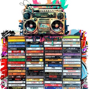 Old schoolmuziek, cassettes, boombox, png
